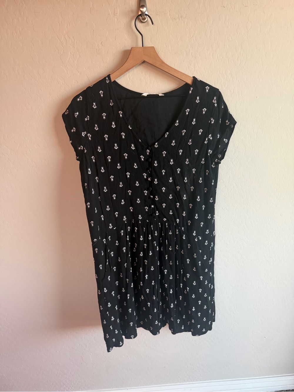 Garnet Hill Black Mini Dress White Motif Size M Boho Office Travel Comfortable